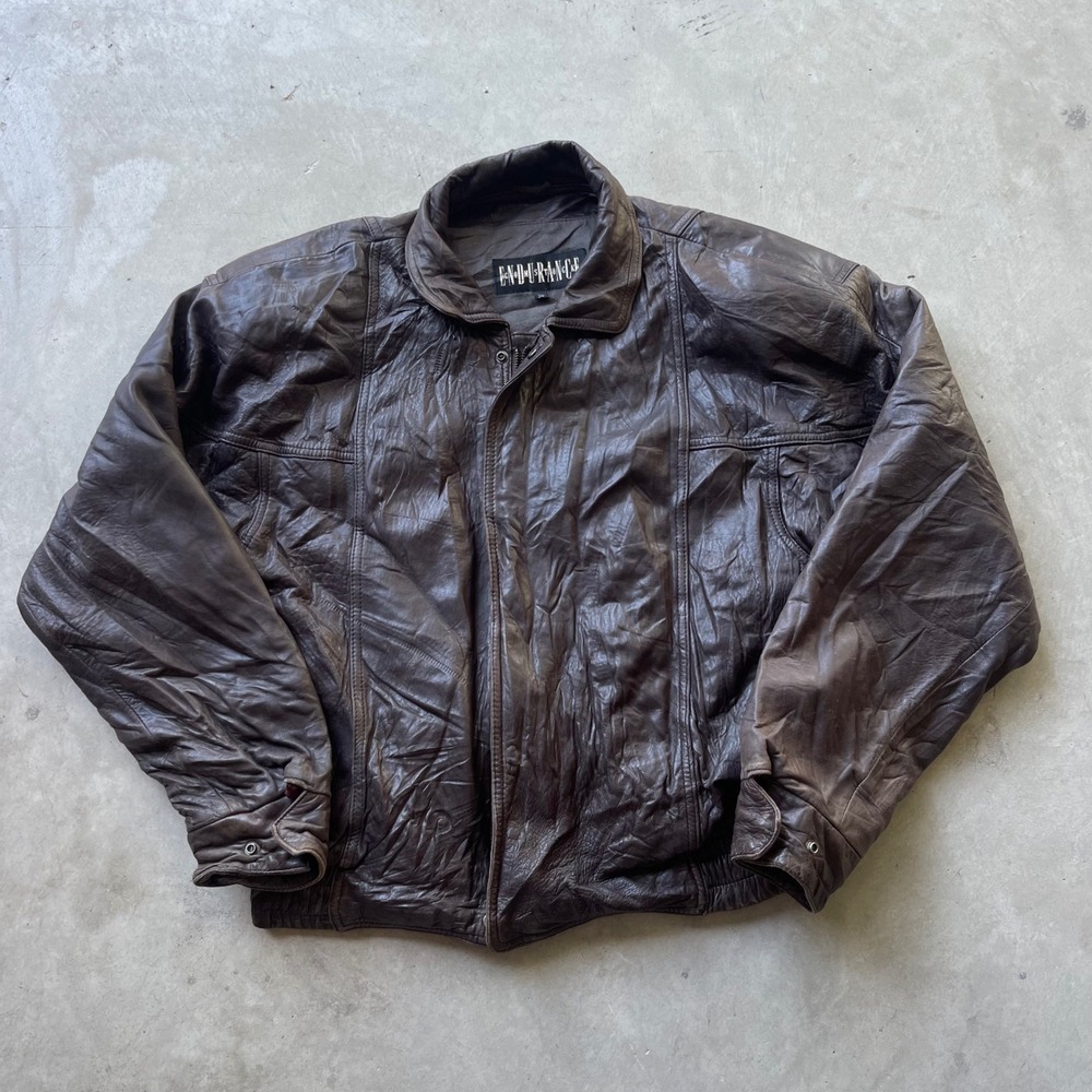 Endurance‎ Vintage Brown Leather Bomber Jacket Mens Size 38 Distressed Zip Up